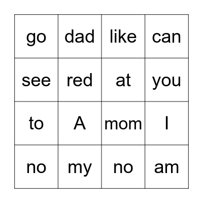 Kindergarten Sight Words Bingo Card