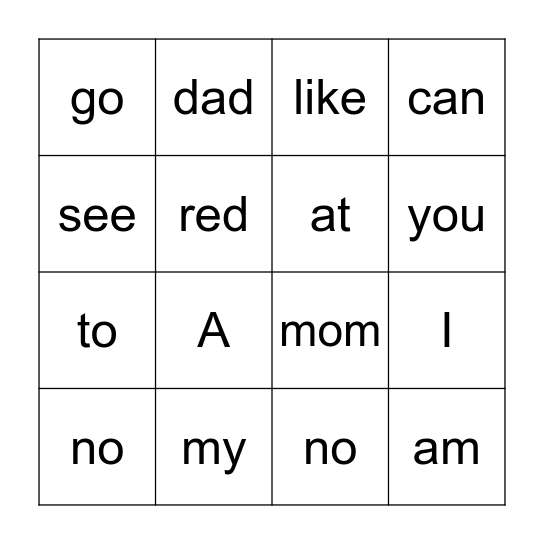 Kindergarten Sight Words Bingo Card