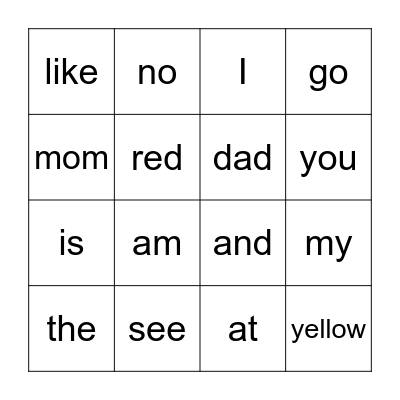 Kindergarten Sight Words Bingo Card