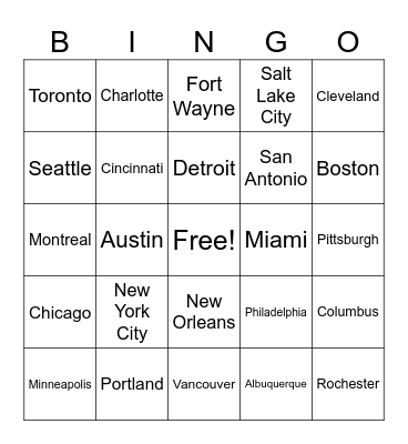 US/Canada Major Cities Bingo Card