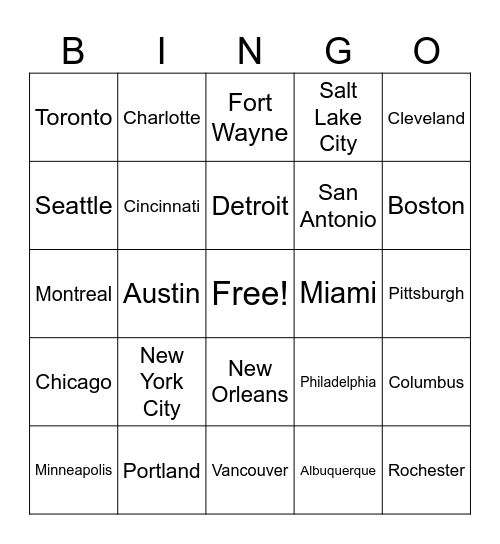 US/Canada Major Cities Bingo Card