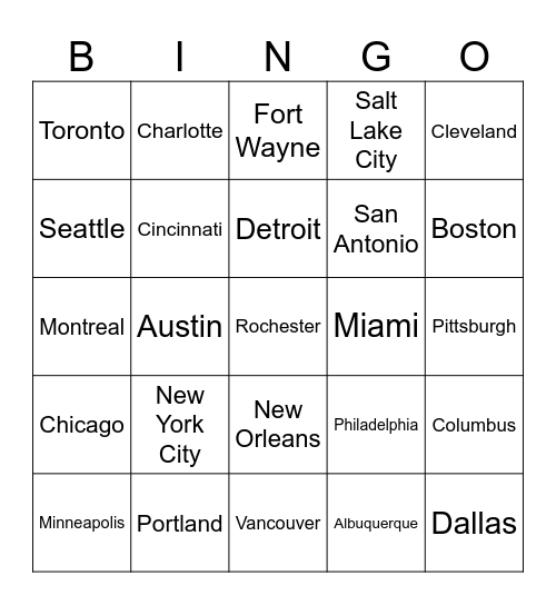 US/Canada Major Cities Bingo Card