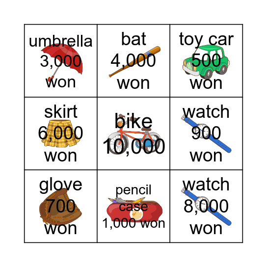 Do you have a ____? How much is it? Bingo Card