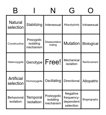 Principles of Biology II: Exam 1 Bingo Card