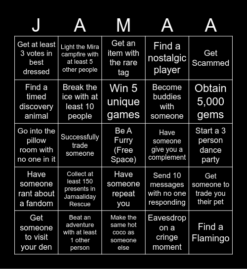 Animal Jam Bingo Card