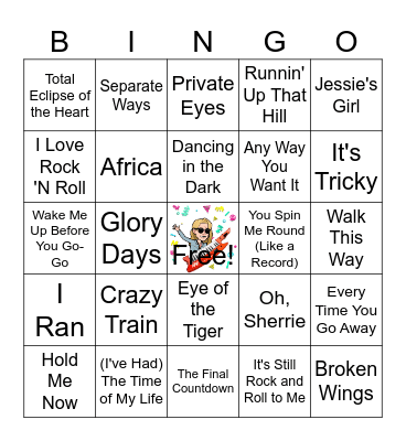 80's Hits Music Bingo Card