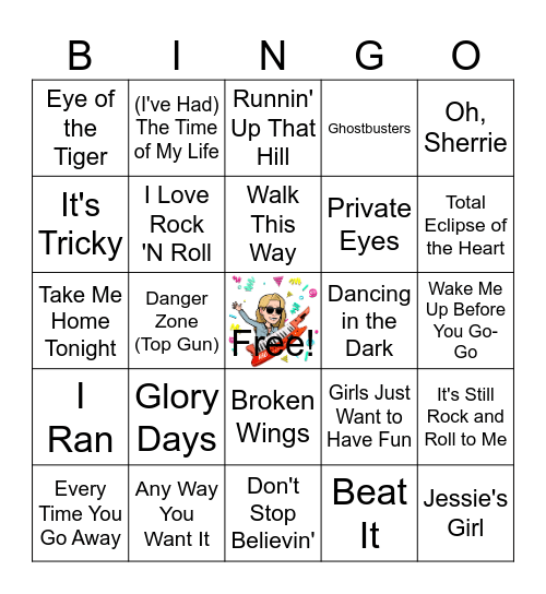 80's Hits Music Bingo Card