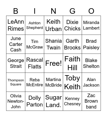 2000s Country Singers Bingo Card