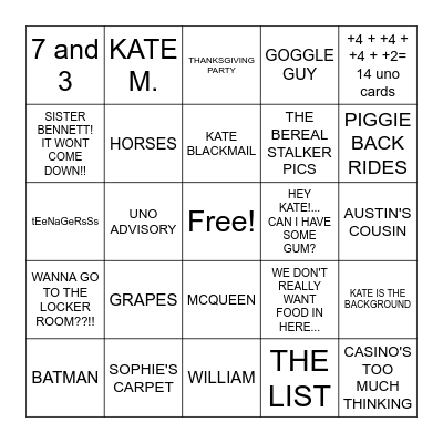 KATE! Bingo Card