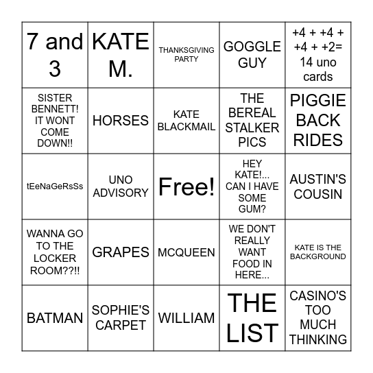 KATE! Bingo Card