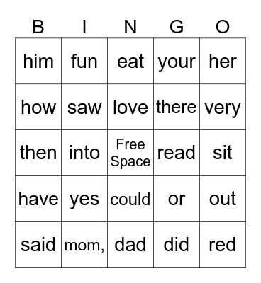 Sight Words Bingo Card