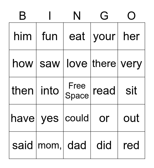Sight Words Bingo Card