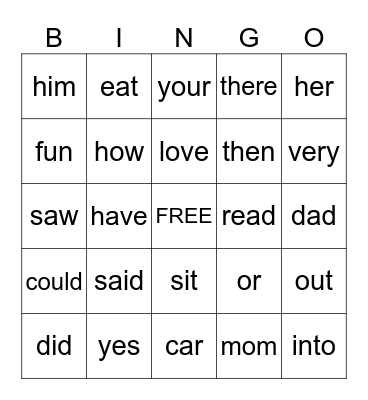 Sight Words Bingo Card