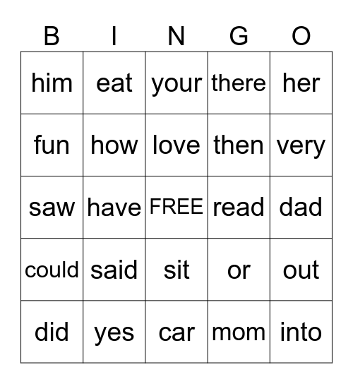 Sight Words Bingo Card