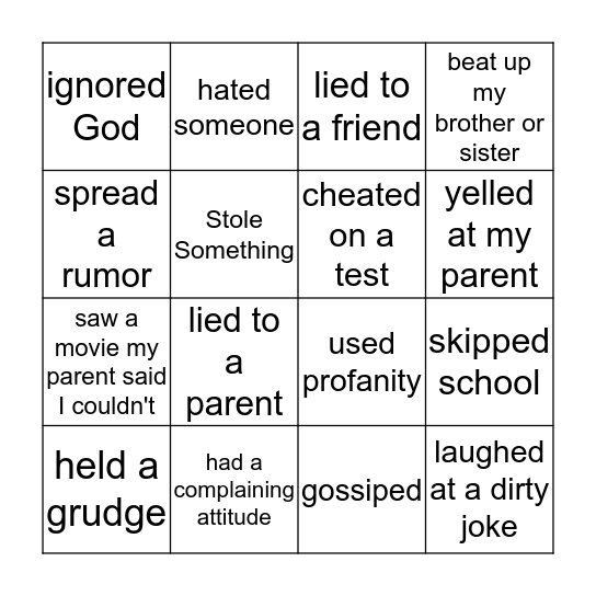 Forgiveness Bingo Card