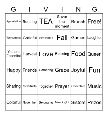 SistersGiving BINGO Card