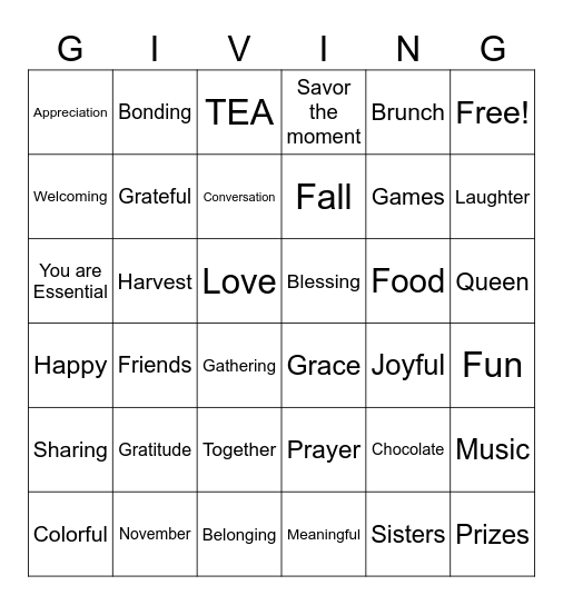SistersGiving BINGO Card