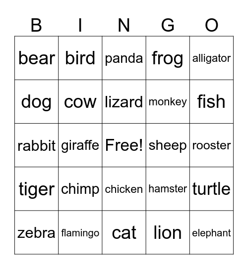Lesson #8  Animals Bingo Card