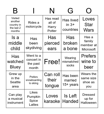 GUL Get to know you Bingo Card