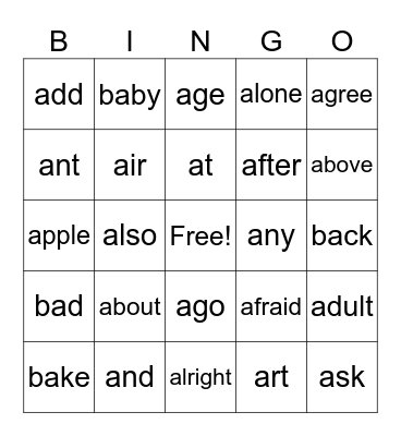 Vocabulary Bingo Card