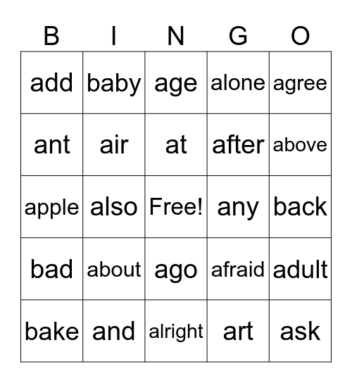 Vocabulary Bingo Card