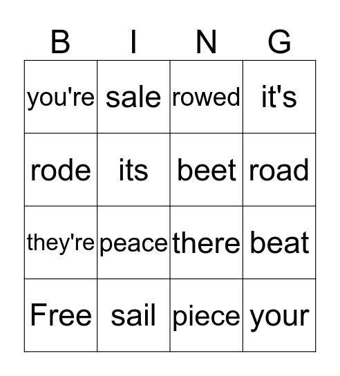 Homophone Spelling Bingo Card