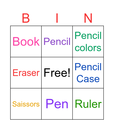 School supplies Binggo Bingo Card