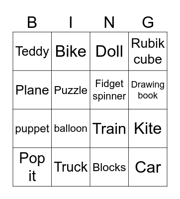 Toy Materials Bingo Card
