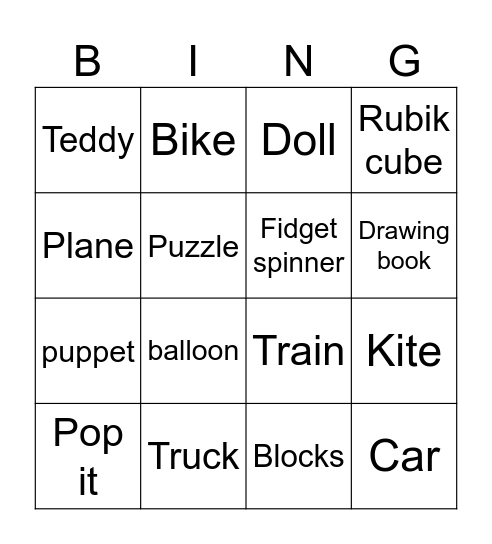 Toy Materials Bingo Card