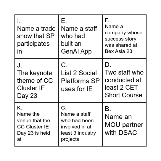 CC Cluster IE Day 2023 Bingo Card