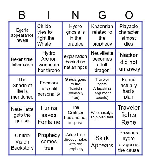 Genshin Impact 4.2 Bingo Card