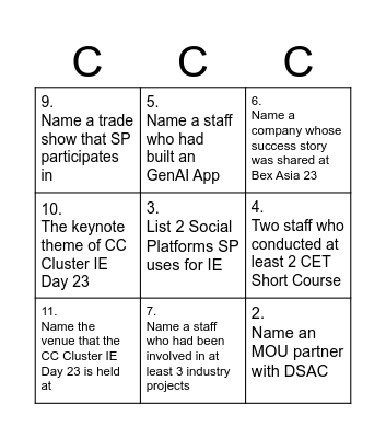 CC Cluster IE Day 23 Bingo Card