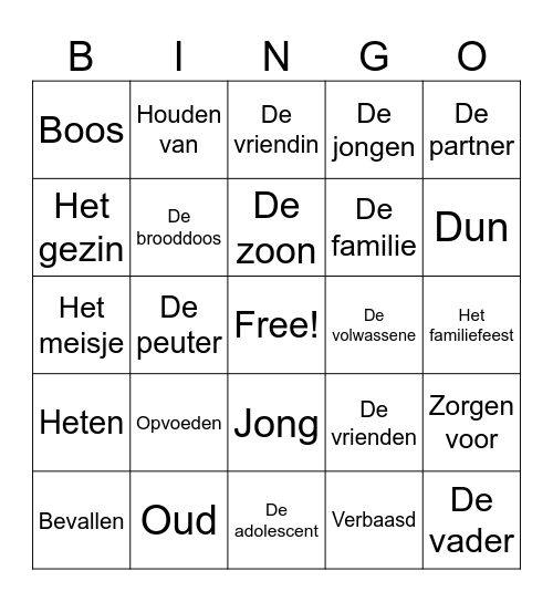 De familie Bingo Card