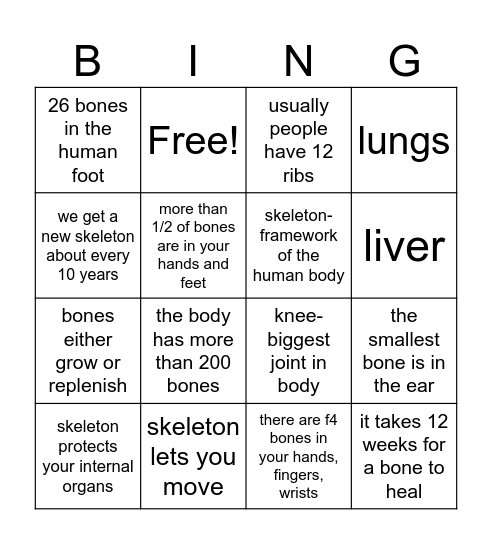 Quick facts-skeleton Bingo Card