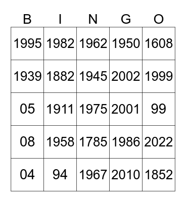 YEARS Bingo Card