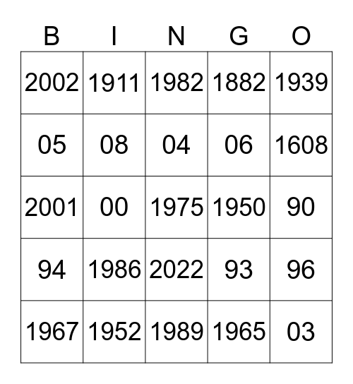 YEARS Bingo Card