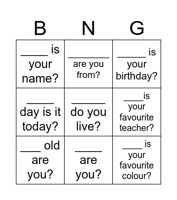 WH-questions Bingo Card