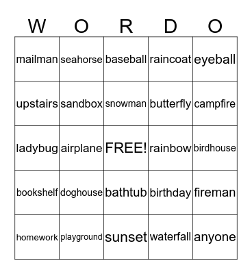 Compound Word Bingo Card