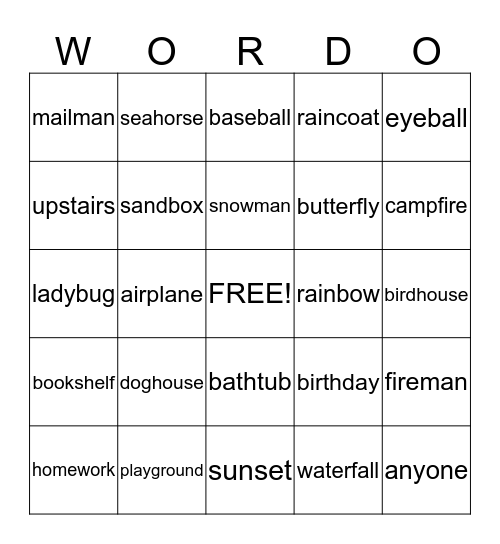 Compound Word Bingo Card