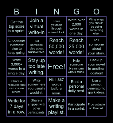 The Archives NaNoWriMo Bingo Card