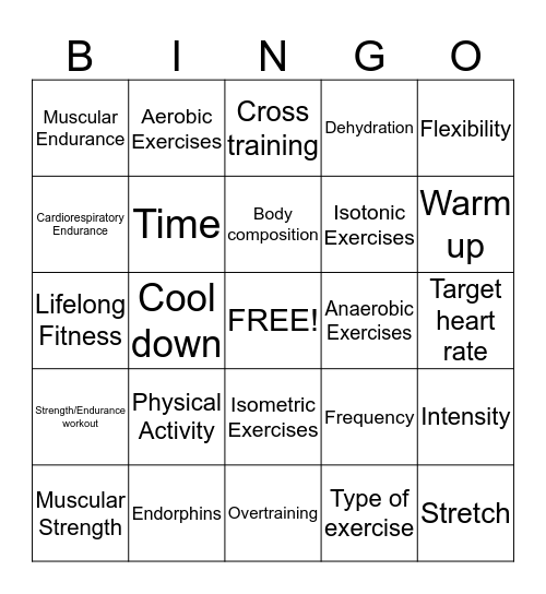 Exercise and Life Long Fitness Bingo Card