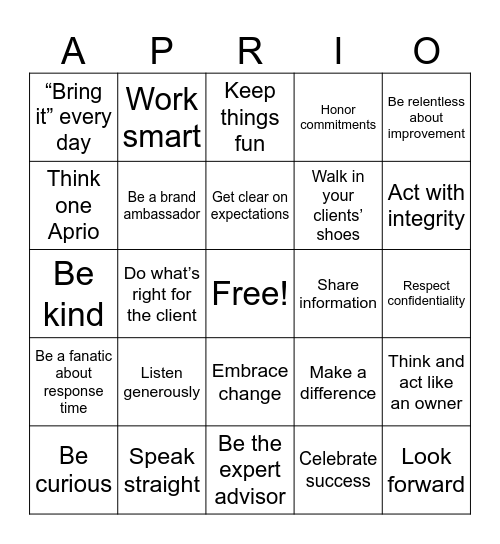 Bingo But Aprio Style Bingo Card