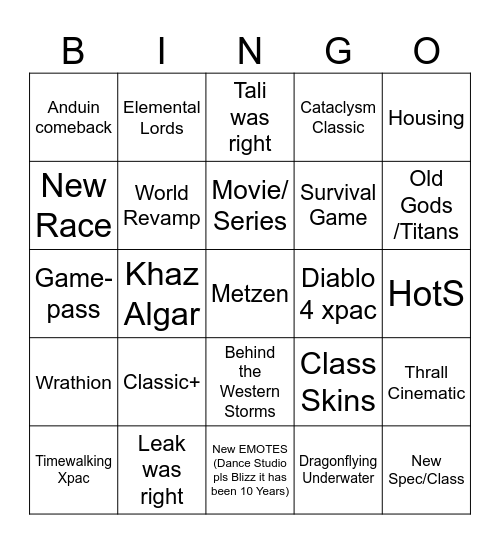 Blizzcon 2023 Bingo Card