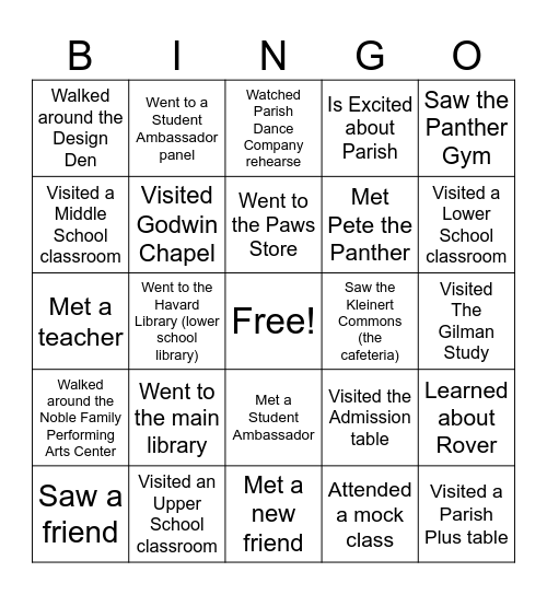Parish Preview Bingo Card