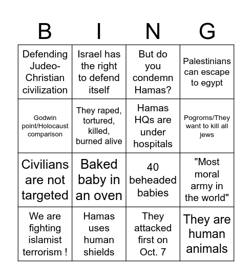 How to Defend Israel Bingo Card