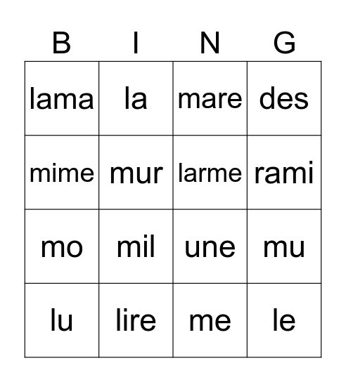 L et M Bingo Card