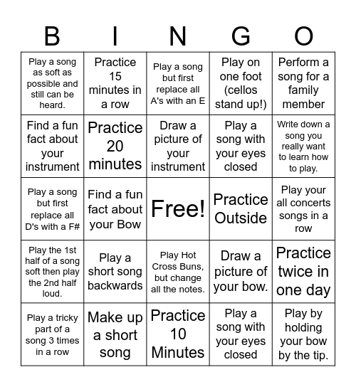 Orchestra Practice Bingo Card