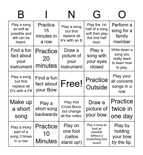 Orchestra Practice Bingo Card