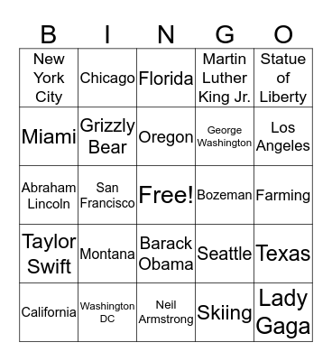 USA  Bingo Card