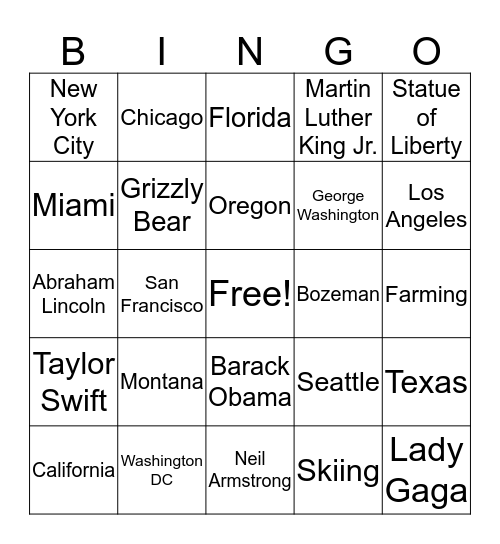 USA  Bingo Card